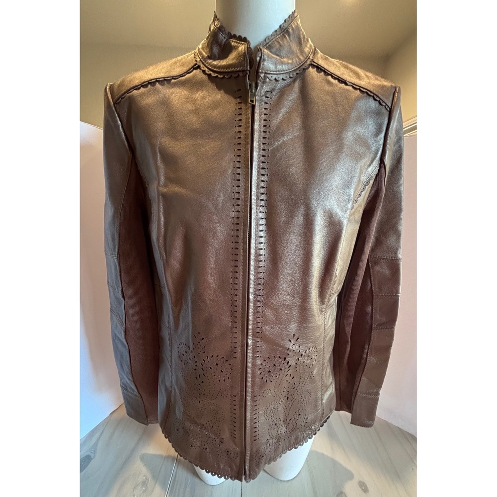 Nygard Collection Bronze Leather Laser Cut Scalloped Zip Jacket Medium